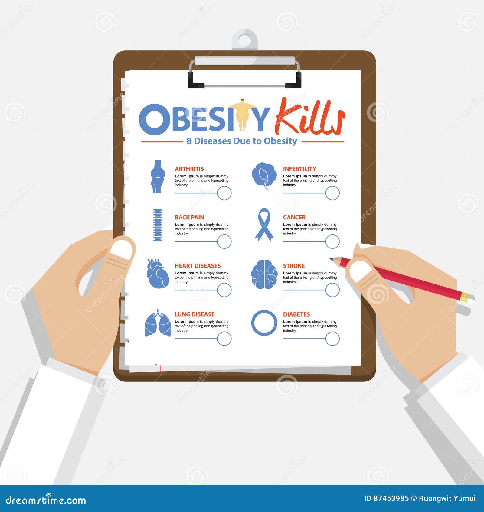 infographic for 8 diseases due to obesity in flat . doctorÃ¢â¬â¢s hand holding clipboard. medical and healthcare report.